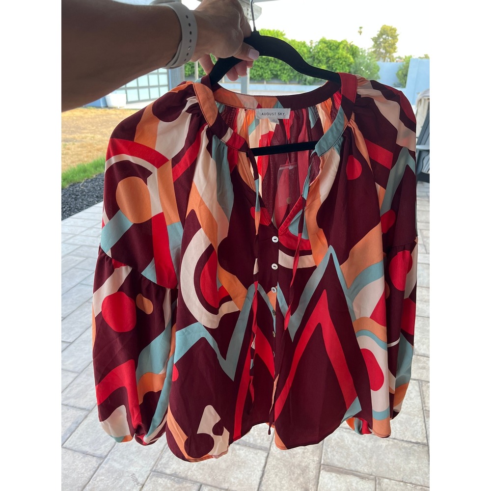 August Sky Women Geometric Abstract Print Blouse Burgundy Orange Teal Size S
